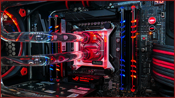 On May 16,2018. Water cooling acrylic tube system with Barrow cpu block on Asus Rampage IV Black Edition motherboard in personal computer.